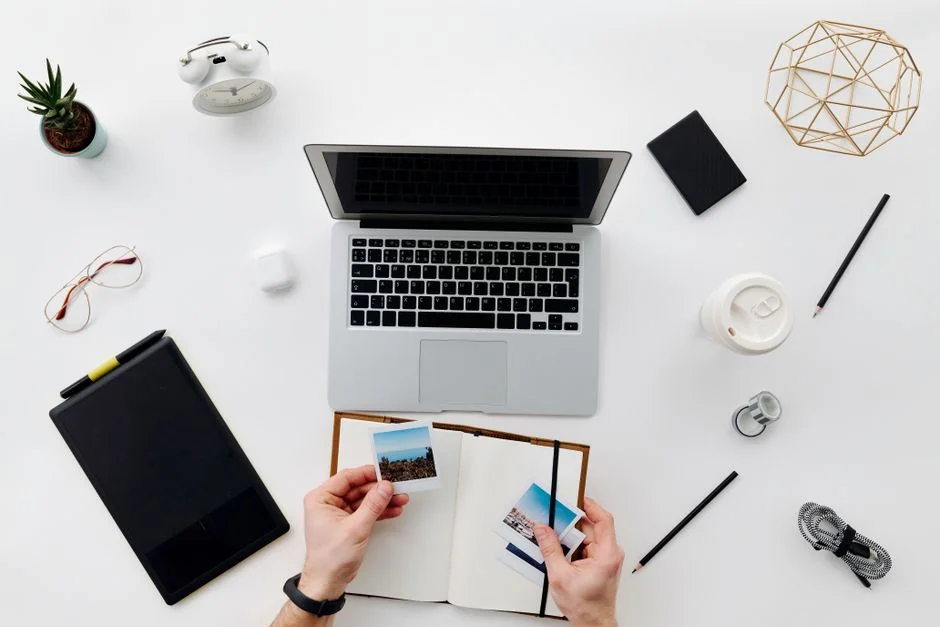 Close-up of a social media marketing document on a desk with a pen and notebook.